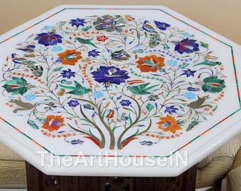 ホワイト大理石の宝石インレイテーブル 芸術的な花柄デザイン 八角形の
