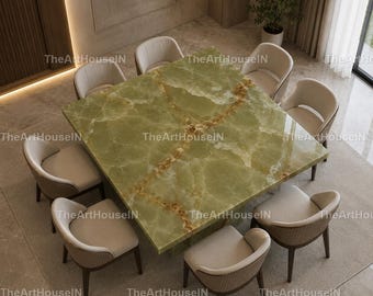 Luxury Green Onyx Dining Table | Square Marble Dining Table | Modern Stone Table | Designer Luxury Dining Green Onyx Marble Dining Table |