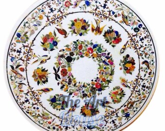 White Marble Pietra Dura Tabletop, Floral Inlay Art, Lapis Lazuli Carnelian, Dining Coffee Table