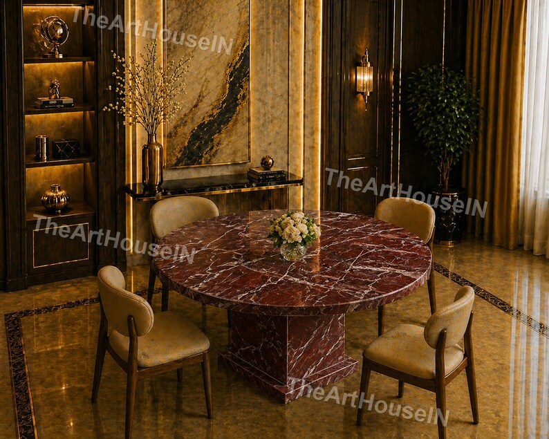 Luxury Red Marble Dining Table – Round Rosso Levanto Stone Table ...