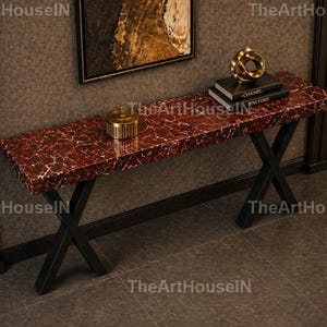 Mesa consola de mármol Rosso Levanto, mesa de recibidor de mármol rojo, consola rectangular de piedra, mesa de entrada con base de metal industrial, decoración de lujo para el hogar.