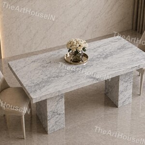 Carrara White Marble Dining Table – Handmade Rectangular Luxury Stone Table with Double Pedestal Base – Modern Furniture & luxury Table