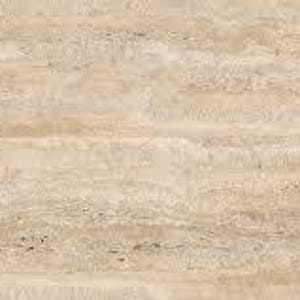 May include: A rectangular slab of beige travertine stone featuring horizontal, wavy bands of light and dark tan. The surface displays a natural, porous texture with small, scattered pits and organic mineral veining throughout the material.