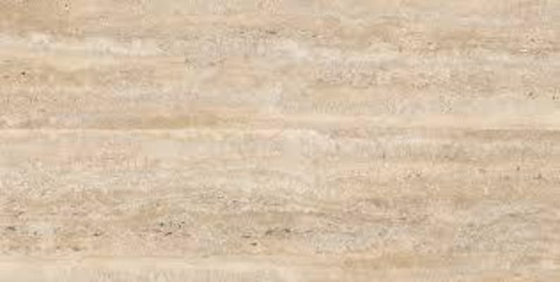 May include: A rectangular slab of beige travertine stone featuring horizontal, wavy bands of light and dark tan. The surface displays a natural, porous texture with small, scattered pits and organic mineral veining throughout the material.