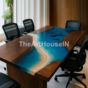 Handmade Resin River Meeting Table | Coastal Ocean-Inspired Epoxy  Wood Furniture Live Edge Resin Ocean Table |
