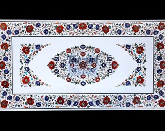 White Marble Pietradura Inlay Table Top, Floral Mosaic Decor, Handmade Agra Art