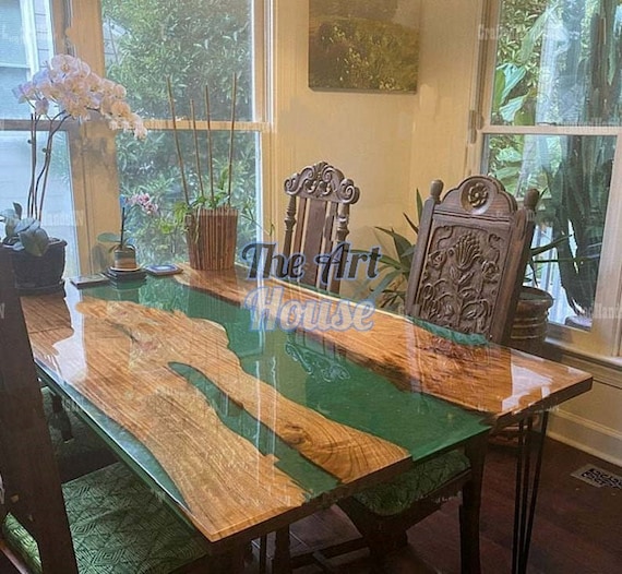 Luxury epoxy wooden Dining Table Long Walnut Tables Green epoxy Table top  Resin River Tables Live Edge Table River Table ocean resin table