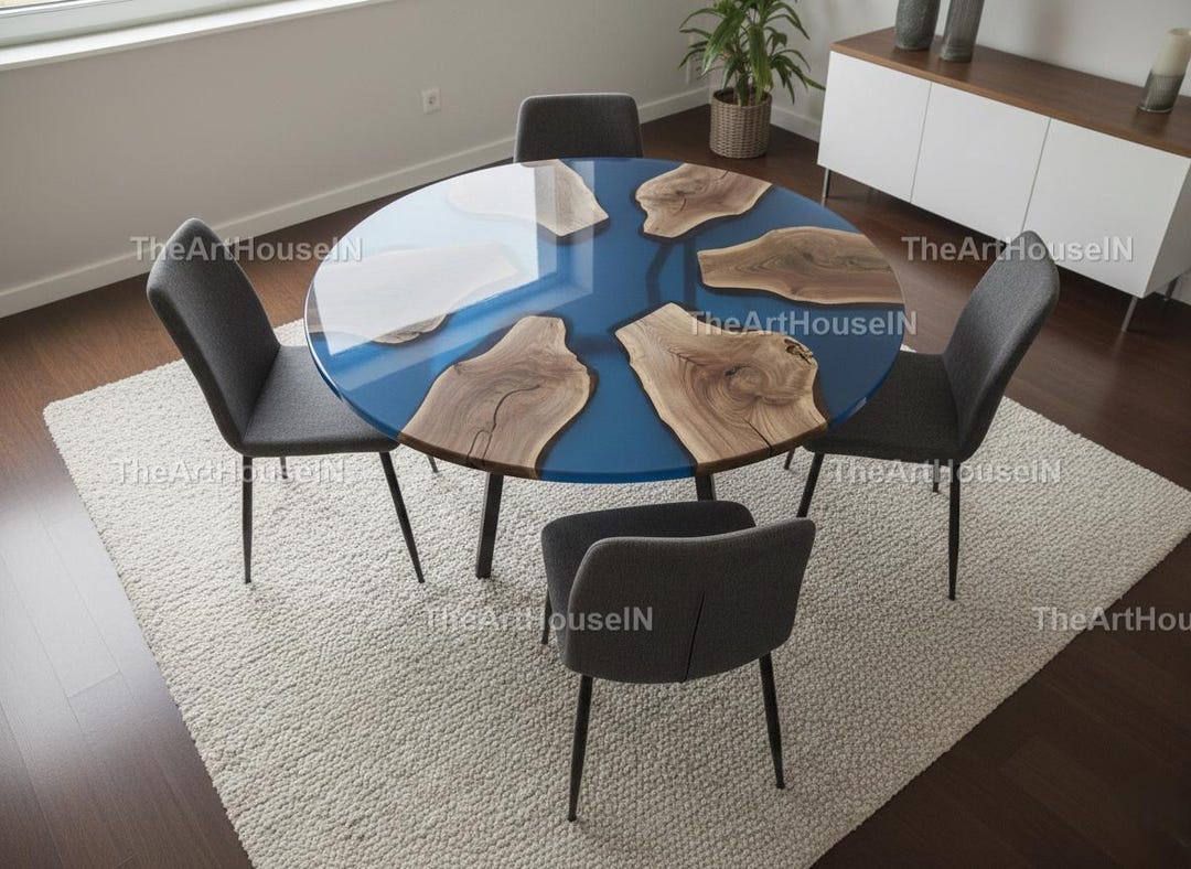 Round Blue Epoxy Ocean Table Top Solid Wood Resin Modern Coastal ...
