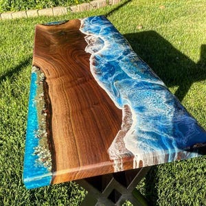Coastal Beach Inspired epoxy table – Handmade Ocean Wave Epoxy Resin Table – Live Edge Acacia Wood Coffee Table – Unique Nautical Home Décor