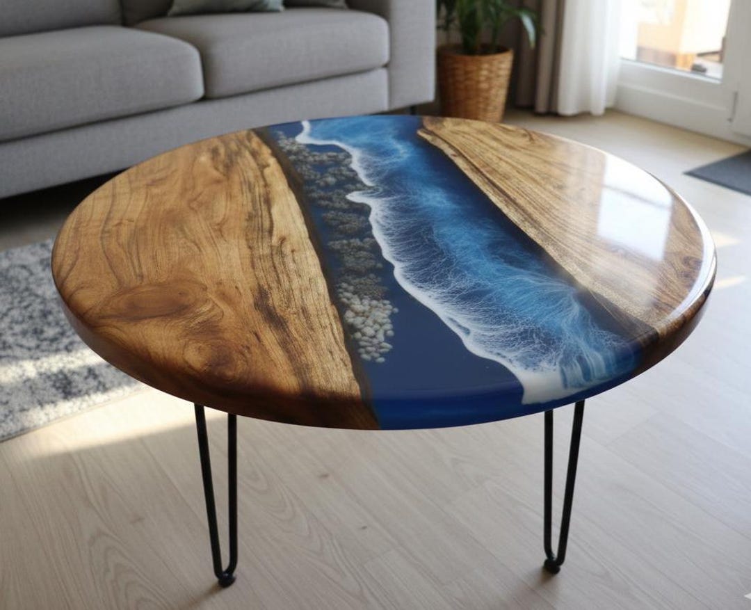 Custom Acacia Wood Epoxy Coffee Table | Beach Wave Resin Art, Coastal ...
