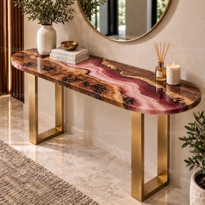 Live Edge Wood Console Table with Pink Epoxy Resin Handmade River Entryway Table Luxury Hallway Sofa Table Handmade Luxury Hallway Furniture