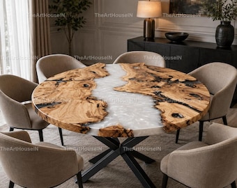 Luxury Olive Wood & White Epoxy Resin Round Dining Table Top | Live Edge River Table | Handmade Furniture White Epoxy Resin Round Dining Top