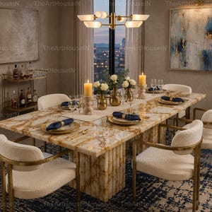 Puede incluir: Una mesa de comedor rectangular con una superficie de mármol en tonos ámbar y una base estriada, rodeada por seis sillas tapizadas de color crema con marcos de metal dorado. La mesa está puesta con platos blancos y velas.