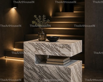 Luxury Calacatta Marble Side Table | Modern Marble End Table | Sculptural Cube Coffee Table | Contemporary Living Room Marble Side Table |