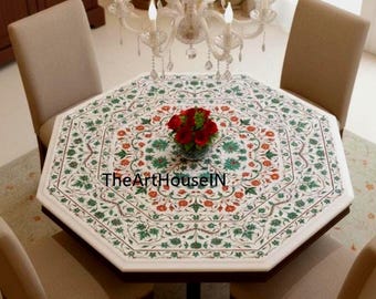 Handcrafted White Marble Inlay Table Top – Octagon Pietra Dura Floral Design with Semi-Precious Stones | Luxury Coffee / dining Table Decor