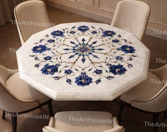 Octagonal White Marble Dining Table, Blue Floral Pietra Dura Inlay Stone Top