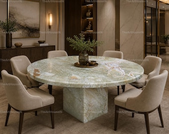 Handmade Green Onyx Round Dining Table | Luxury Stone Pedestal Furniture
