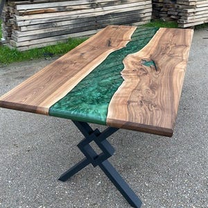 Epoxy Table, dining, center table top Live Edge Walnut Table ,green Epoxy Resin River Table, Natural Wood ,dining table ,epoxy resin table,