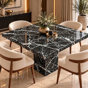May include: A square dining table with a black and white marble top and a matching pedestal base, surrounded by four cream-coloured upholstered chairs with wooden frames. A gold vase with greenery sits in the centre of the table.