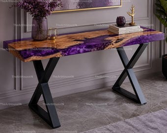 Luxury Purple Epoxy Resin Console Table | Live Edge Wood Entryway Table with Black X Legs | Modern River Console | Live Edge Wood Sofa Table