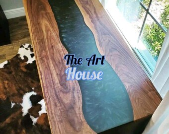 Epoxy Handmade Side, Table, dining, center table top Live Edge Walnut Table ,green  Epoxy Resin River Table, Natural Wood 24x48, 36x60 inch