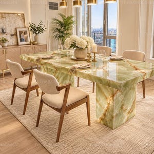 Peut inclure: Une table à manger rectangulaire avec un plateau et une base en onyx vert poli présentant des veines brunes, entourée de quatre chaises à structure en bois et assises rembourrées beiges, sur un tapis clair et un parquet en bois.