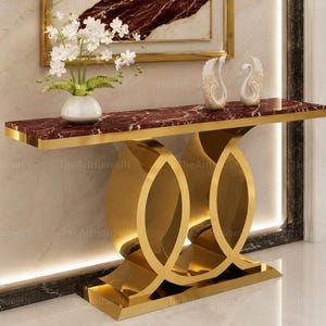 Luxury Burgundy Marble Console Table with Gold Stainless Steel Base – Modern Entryway Accent Furniture