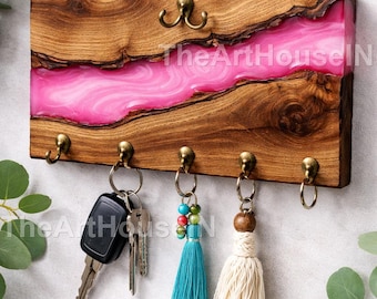 Live Edge Wood & Pink Resin Key Holder for Wall | Rustic Entryway Organizer | Modern River Style Key Rack | Housewarming  Unique  Gift decor
