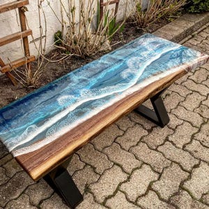 Handmade Ocean Wave Epoxy Resin Table – Live Edge Acacia Wood Coastal Coffee Table – Beach Theme Furniture with Metal Legs – Coastal Home