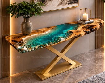 Live Edge Wood Epoxy River Console Table, Turquoise Ocean Resin Sofa Table