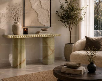 Handmade Green Onyx Fluted Console Table | Luxury Entryway Furniture, Natural Stone Pedestal Base
