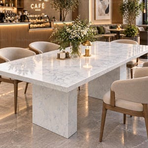Puede incluir: Una mesa de comedor rectangular con una superficie de mármol blanco con vetas grises y dos bases de pedestal de mármol a juego. La mesa está rodeada por seis sillas tapizadas con asientos de tela beige claro y marcos de madera marrón.