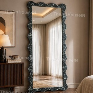 Green Marble Wavy Floor Mirror, Full Length Leaner Mirror, Luxury Statement Bedroom Mirror, Modern Mirror Emerald Green Marble Floor Mirror