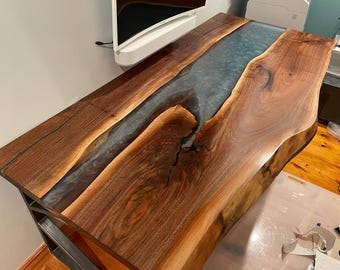 Live Edge Walnut Epoxy River Desk – Handmade Acacia & Black Resin Office Table –Modern Rustic Computer Desk – Custom Handmade Wood Furniture