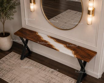 White Epoxy River Console Table Top | Burl Wood Resin Entryway Table | Handmade Modern Hallway Furniture White Epoxy River Console Table |