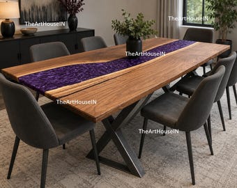 Purple Epoxy River Dining Table | Live Edge Walnut Wood Table | Handmade Modern Resin Dining Table Walnut & Purple Resin River Table | top