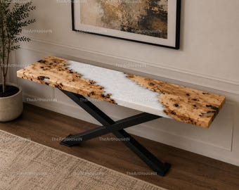 Handmade Live Edge Epoxy Console Table | White Resin River Entryway Table | Modern Rustic Hallway Furniture | White Epoxy River Hallway top|