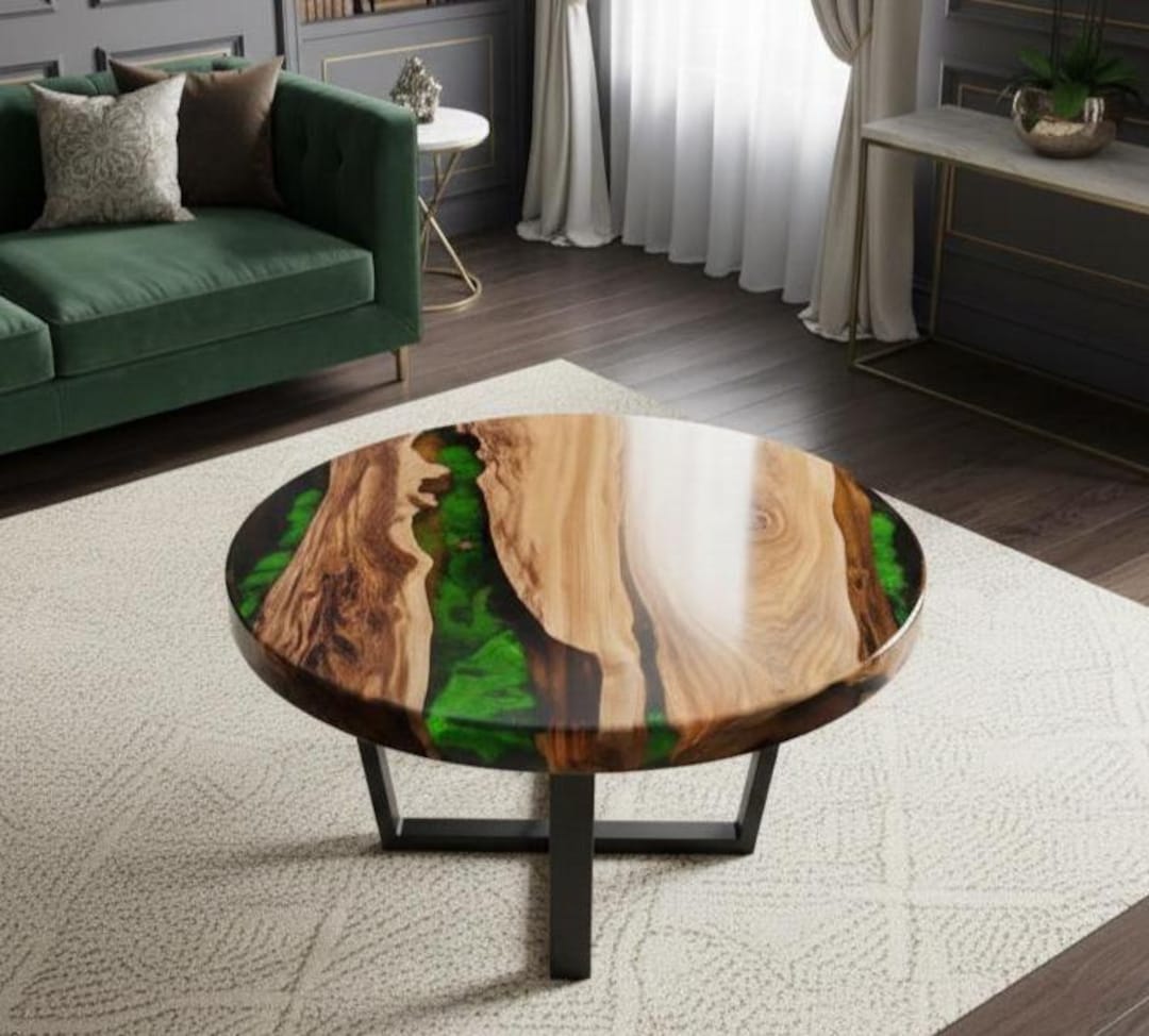 Emerald Green Resin River Round Coffee Table | Live Edge Wood