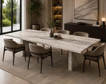 Handmade White Marble Dining Table, Grey Veined Natural Stone, Modern Pedestal Base
