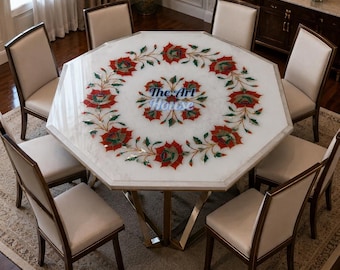 Octagonal Marble Pietra Dura Dining Table Top, Lapis Lazuli Floral Inlay