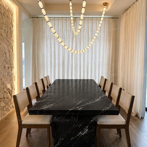 Black Marble Dining Table: Modern Rectangular Nero Marquina Style Double Pedestal Base