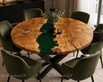 Round Green Epoxy River Dining Table | Olive Wood Dining Table | Handmade Wood Resin Table | Custom Dining Furniture