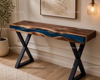 Luxury Blue Epoxy Resin Console Table | Live Edge Walnut Wood Entryway Table with Black X Metal Legs | Modern River Table Blue River Console