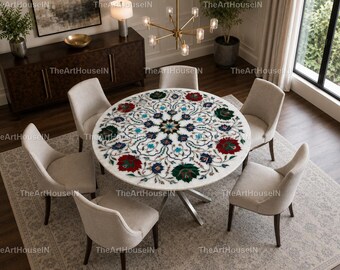 Handmade Marble Pietra Dura Floral Dining Table Top – Round White Marble Inlay Art