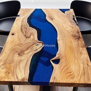 Handmade Blue Epoxy River Dining Table | Live Edge Wood Resin Tabletop | Modern Rustic Epoxy Furniture | Custom Wood Table