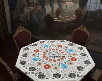 Custom Marble Inlay Table Top | Octagonal Floral Pietra Dura Design | Handmade Indian Marble Art for Coffee & Dining Table