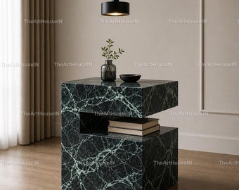 Luxury Green Spider Marble Side Table | Modern Marble End Table | Sculptural Stone Accent Table | Designer Cube | Modern Stone Side Table |