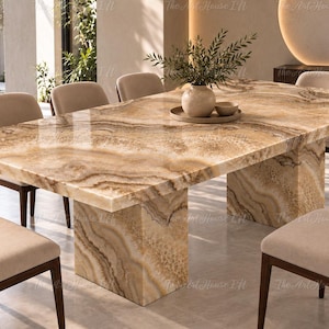 Luxury Beige Onyx Dining Table, Natural Stone, Double Pedestal, Modern Furniture