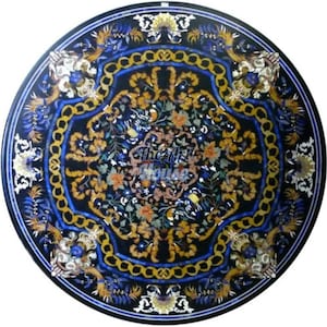 May include: Round black marble table top with intricate floral and geometric patterns in shades of blue, gold, and white. The Art House is printed in the center.