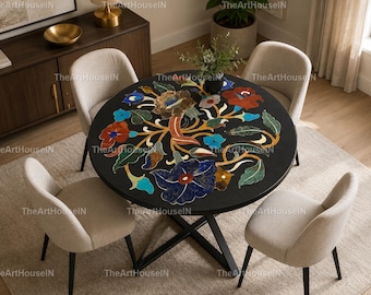 Luxury Marble Inlay Table Top | Black Marble Pietra Dura Floral Art | Handmade Coffee Table Top Decor | Pietra Dura Marble Art Coffee Table